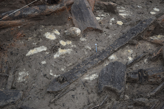 Photo of unburnt clay patches clustered around the interior post ring. What are they?