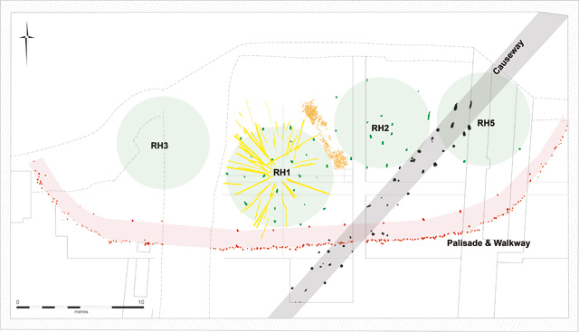 Simplified site plan showing that RH 5 is built over the earlier timber causeway (highlighted in grey).