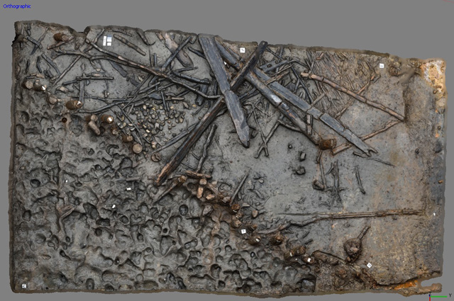 Screenshot of the vertical view of the Eastern area of site. Palisade, wood mass and exterior footprints visible in image. 