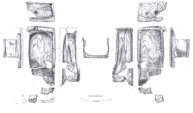 Scale drawing of the wooden box. Interpretation highlights the important elements of the object.