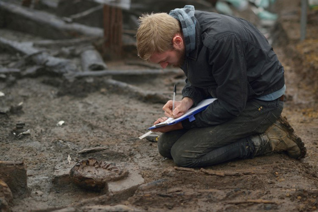 Wood specialist Mike Bamforth examining and recording a wooden two-piece bucket base.