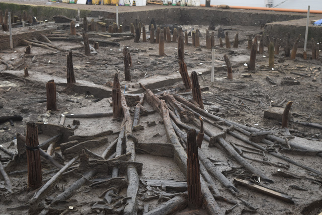 Quadrant of roundhouse one with the roof still to be excavated. The “fan” shape of the rafters has remained as they sank to the bottom of the river.