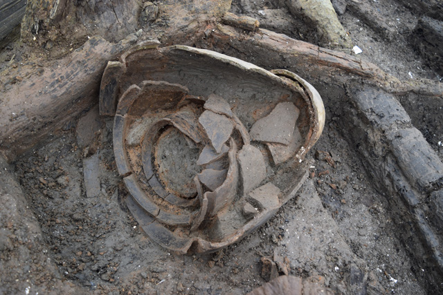 Image of three ceramic storage vessels, stacked inside one another. Now that we are in the deposits containing more material from the settlement we can begin to examine it more closely and start to gather more detail about the lives of the people who lived here. 