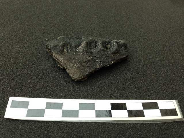 A rare example of decoration on one of the coarseware jar. This is a style of fingertip marking around the shoulder of the vessel. 