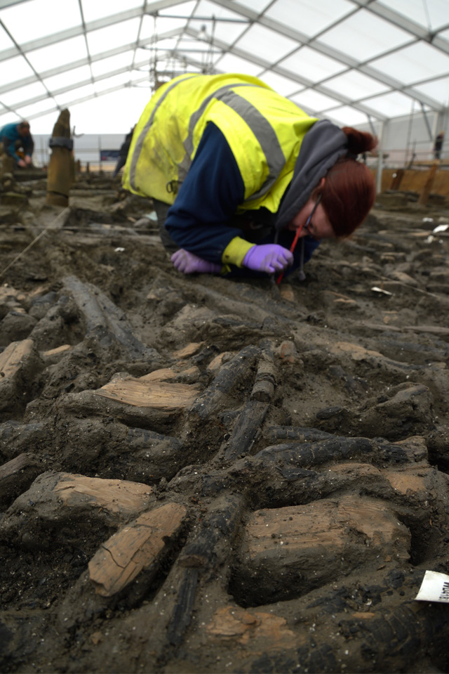 Excavating some of the dense, construction debris in the settlement consisting of woodchips and larger worked timber fragments. 